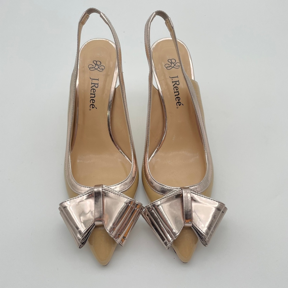 J Renee Beige Patent Silver Bow Marva Dress Metallic  Heel Slingback Womens 7.5W